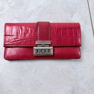 Brighton Red Leather Wallet Clutch Croc Embossed Organizer Long Wallet Vintage